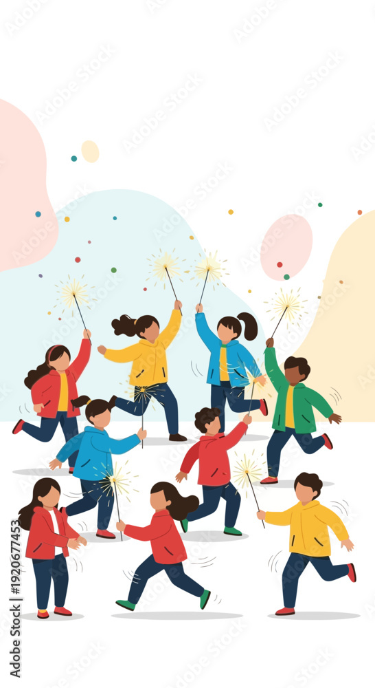 Fototapeta premium Joyful Children Celebrating With Sparklers Against Abstract Colorful Background Design