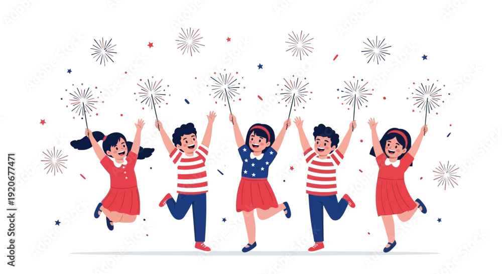 Fototapeta premium Joyful Children Celebrating With Sparklers And Fireworks In A Festive Outdoor Scene