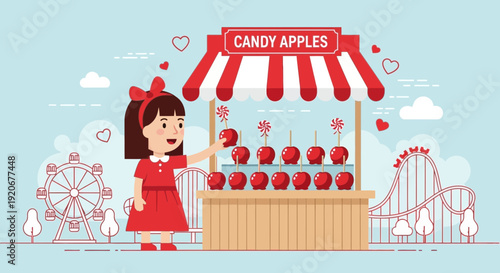 Joyful Child Selects Candy Apple from Festive Fairground Stall