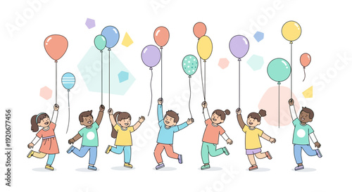 Joyful Children Celebrating With Colorful Balloons Illustration