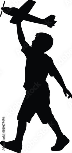 Boy walking with toy airplane silhouette isolated on white background, childhood imagination aviation illustration, playful kid vector design concept