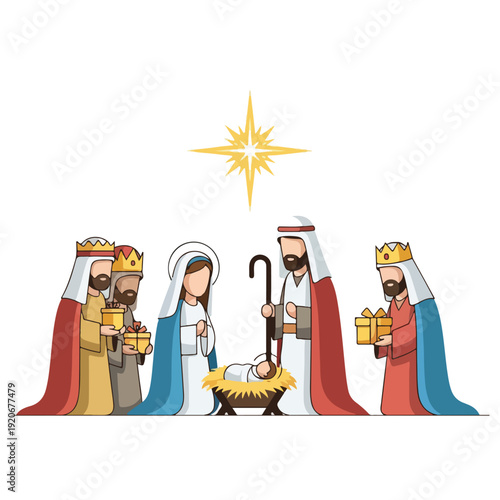 Nativity scene with holy family and three wise men