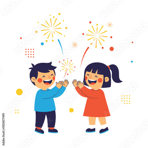 Joyful Children Celebrating With Festive Fireworks Display Of Light And Color