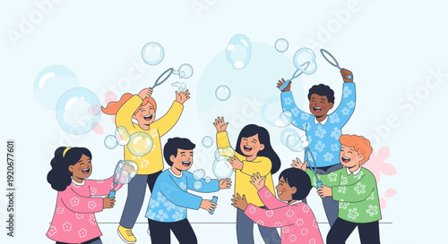 Joyful Children Playing With Bubbles In A Bright Outdoor Setting