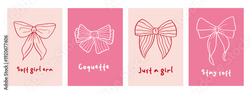 Vector set of whimsical coquette bow posters in soft pink palette with hand drawn ribbon bows and playful soft girl quotes. Charming girly wall art for bedroom decor, dorm gallery wall, social media.