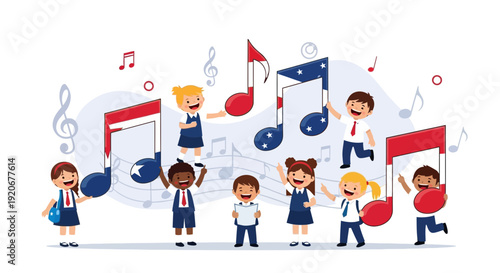 Joyful Children Singing With Patriotic Musical Notes