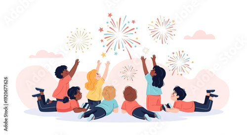 Joyful Children Watching Colorful Fireworks Display Celebration Festive Event