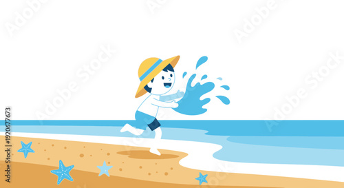 Joyful Child Splashing Water At The Beach Under A Summer Sun