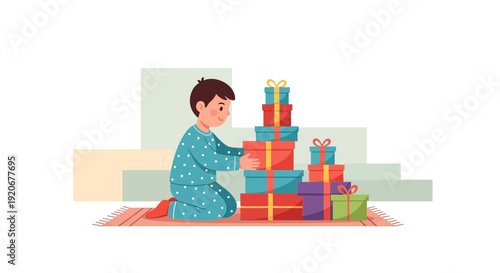 Joyful Child Stacking Colorful Presents For Festive Occasion Celebration