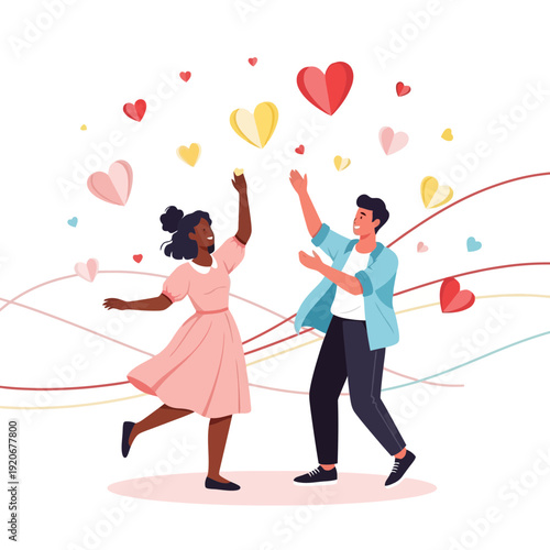 Joyful Couple Dancing Amidst Floating Hearts Celebration of Love and Happiness