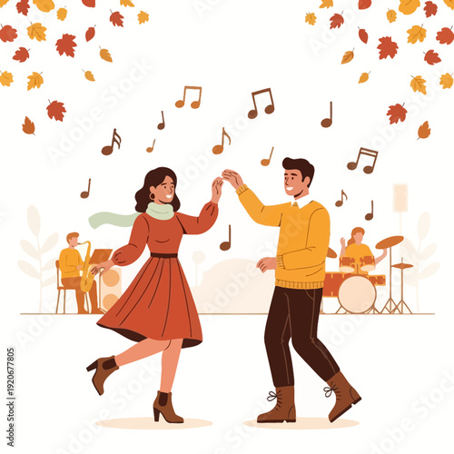 Joyful Couple Dancing Amidst Falling Leaves And Lively Autumnal Music Celebration