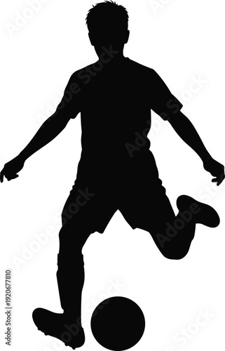 Boy playing soccer silhouette isolated on white background, young football player action illustration, sports activity vector design concept