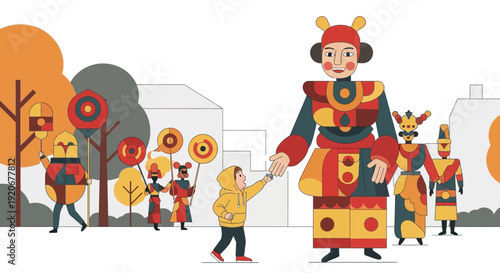 Joyful Encounter Between Child And Giant Puppets Festive Parade Scene