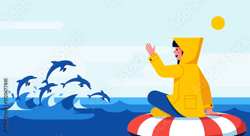 Joyful Encounter With Dolphins and A Person Floating on Water Waving at Sea Animals