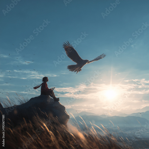 Wallpaper Mural Woman watching eagle soaring above mountain landscape at sunset symbolizing freedom and inspiration Torontodigital.ca