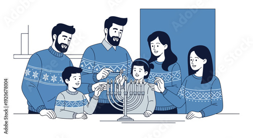Joyful Family Celebrates Hanukkah Lighting Menorah Candles Together