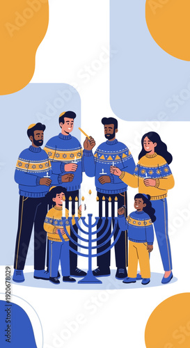 Joyful Family Celebrates Hanukkah Lighting Menorah With Warm Glow