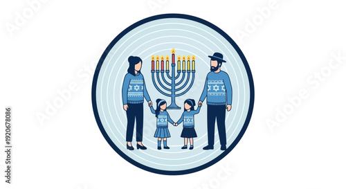Joyful Family Celebrates Hanukkah Traditions Holding Hands Near Menorah