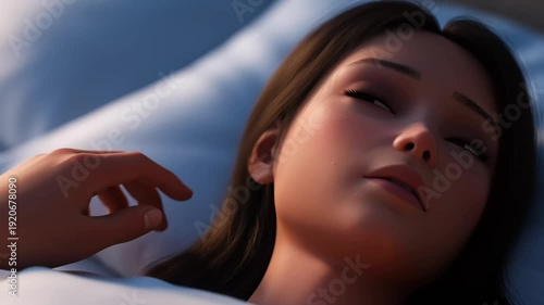 A woman relaxing in bed, listening to calming music with earbuds, feeling peaceful and serene in a quiet atmosphere