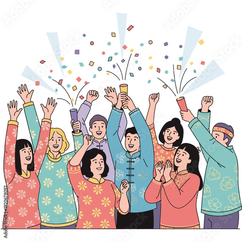 Joyful Crowd Celebrating With Confetti And Party Poppers