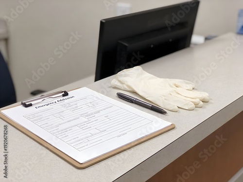 Emergency admission paperwork on hospital reception desk with pen and medical gloves. Healthcare registration, patient intake process and hospital administration concept.