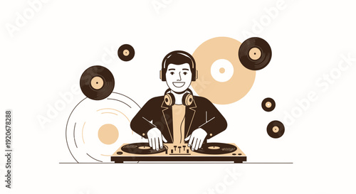 Joyful Dj Mixing Music With Vinyl Records On Turntables And Headphones