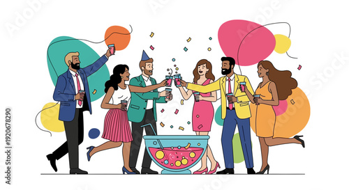 Joyful Diverse People Celebrating Together With Drinks And Confetti