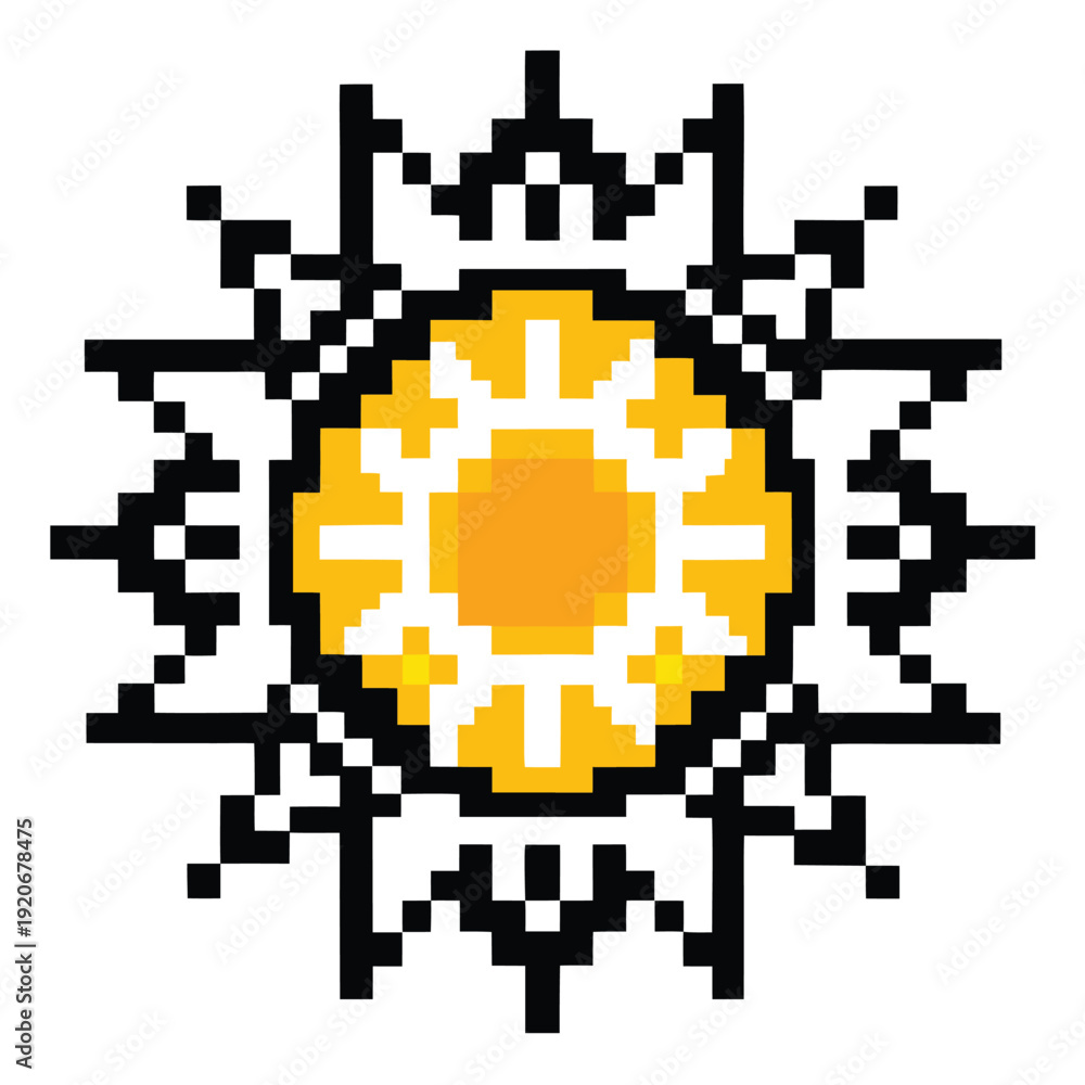 Fototapeta premium 8-Bit Pixel Art Sun Icon, Black and White, Retro Style, Perfect for Vintage Game Design and Graphics