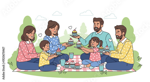 Joyful Family Gathering Enjoying Sweet Cupcakes Outdoors
