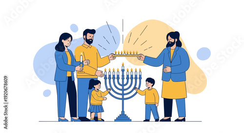 Joyful Family Lighting Menorah for Hanukkah Celebration Together