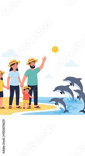 Joyful Family Observing Playful Dolphins in a Sunny Seaside Scene Enjoying Vacation Together