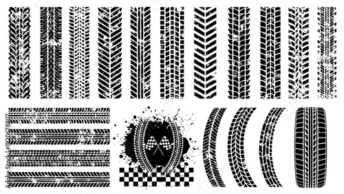 Tire tread marks after skidding, launch, drift, powerslide in motorsport, rally, off-road, motocross. Wheel texture with splash effect. Vector, transparent background SVG version.
