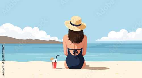 Back view of a woman in a swimsuit and sun hat sitting on a sandy beach and looking at the calm blue sea under a sunny sky.