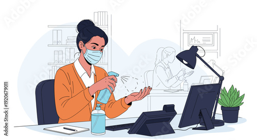 Safety conscious woman wearing a face mask while using hand sanitizer spray at her office desk to maintain hygiene and prevent illness.