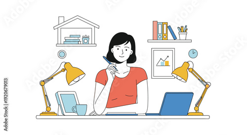 Content young woman sitting at her organized desk in a cozy home office featuring a laptop, books, and plants for a productive workspace.