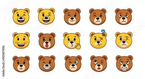 Comprehensive set of 15 teddy bear character icons displaying a wide range of emotions from happy and winking to sad and confused.