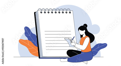 Creative young woman sitting on the floor and writing in a large spiral notebook while brainstorming ideas and planning a new project.