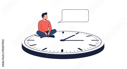 Thoughtful man sitting cross-legged on a large clock face with an empty speech bubble representing time management and deadlines.