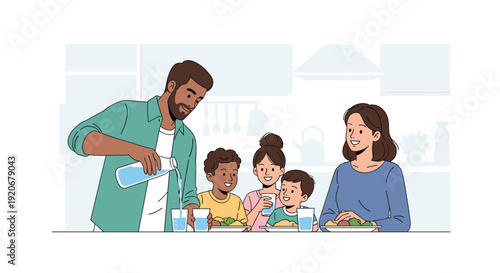 Happy diverse family of four sitting at a dining table while the father pours water during a healthy and enjoyable dinner at home.