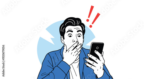 Surprised young man holding a smartphone with a shocked facial expression and exclamation marks above his head.