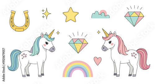 Whimsical set of two unicorns surrounded by magical elements like rainbows, diamonds, stars, and a golden horseshoe for fairy tale designs.