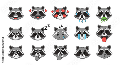 Versatile collection of 15 raccoon character emojis showing diverse facial expressions and moods like love, sadness, anger, and sleepiness.