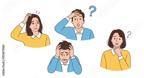 Collection of four male and female characters expressing confusion, worry, and frustration while trying to solve a difficult problem or task.