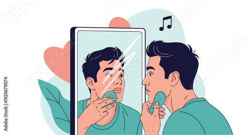 Young man looking at his reflection in a mirror while using a green facial massager tool for daily skincare routine.