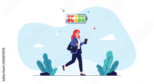 Businesswoman walking outdoors while holding a phone under a battery icon showing different charge levels from red to green.