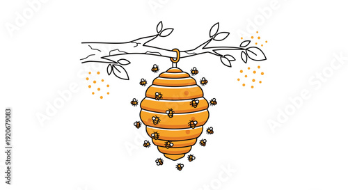 Honey bees swarming around a large traditional beehive hanging from a tree branch with green leaves on a white background.