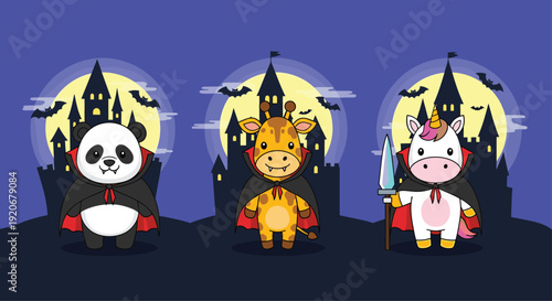 Cute panda, giraffe, and unicorn characters dressed in vampire capes standing in front of haunted castles under a full moon.