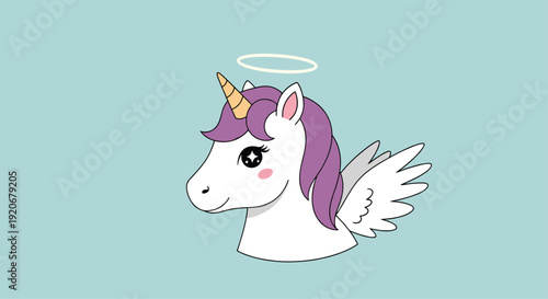 Cute white unicorn character with a purple mane, wings, and a golden halo floating against a light blue background.