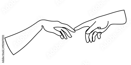 A simple black and white line art illustration of two hands reaching out to touch each other. Vector, illustration