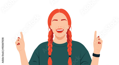 Cheerful woman with long red braids smiles widely while pointing both hands upwards toward copy space on a clean white background.
